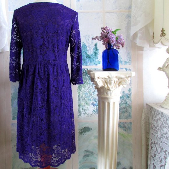 PURPLE LACE DRESS, EMPIRE WAIST, M, LINED w 3/4 SLEEVES, DRESSY PARTY, CHURCH - Picture 6 of 7